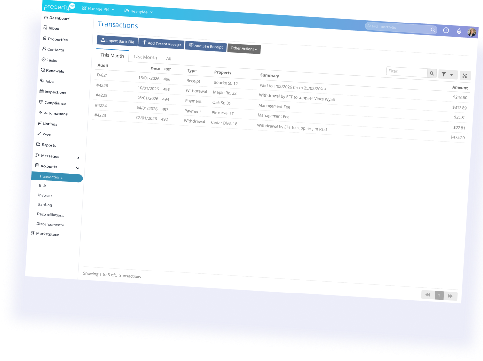 ClassicPay accounts and transactions screen