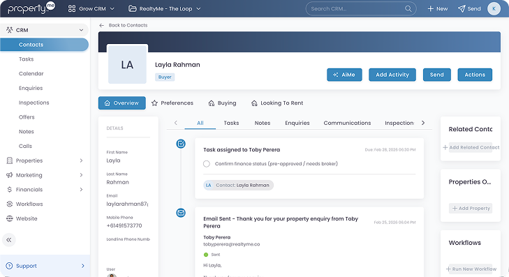 Contacts and activities view in Grow CRM