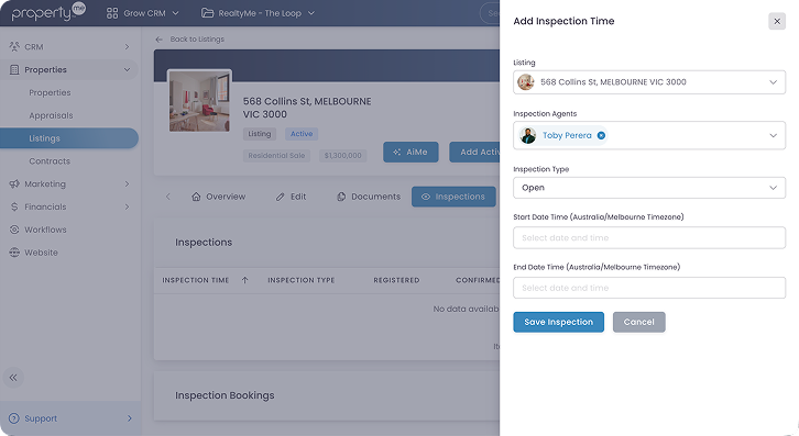 Inspection booking setup screen