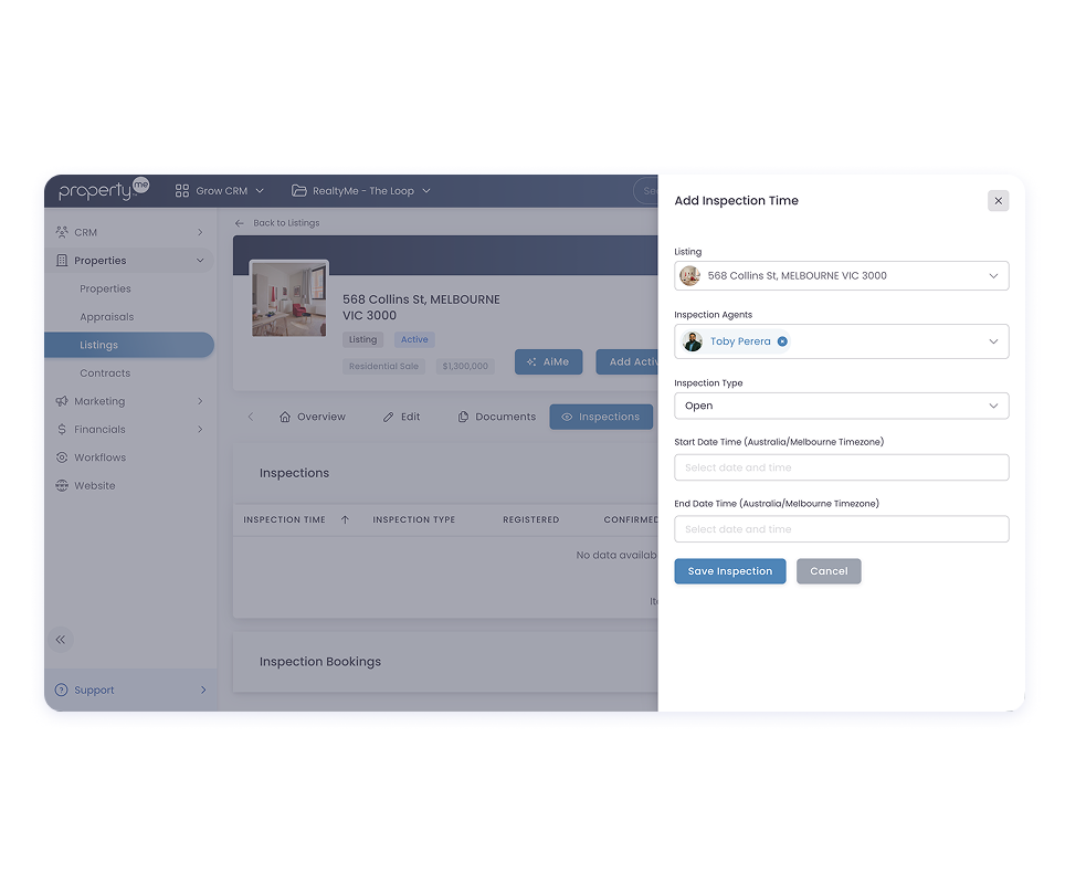 Inspection booking setup screen