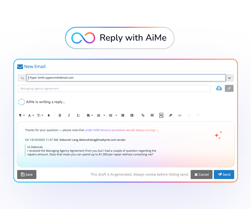 Reply with AiMe email assistant interface