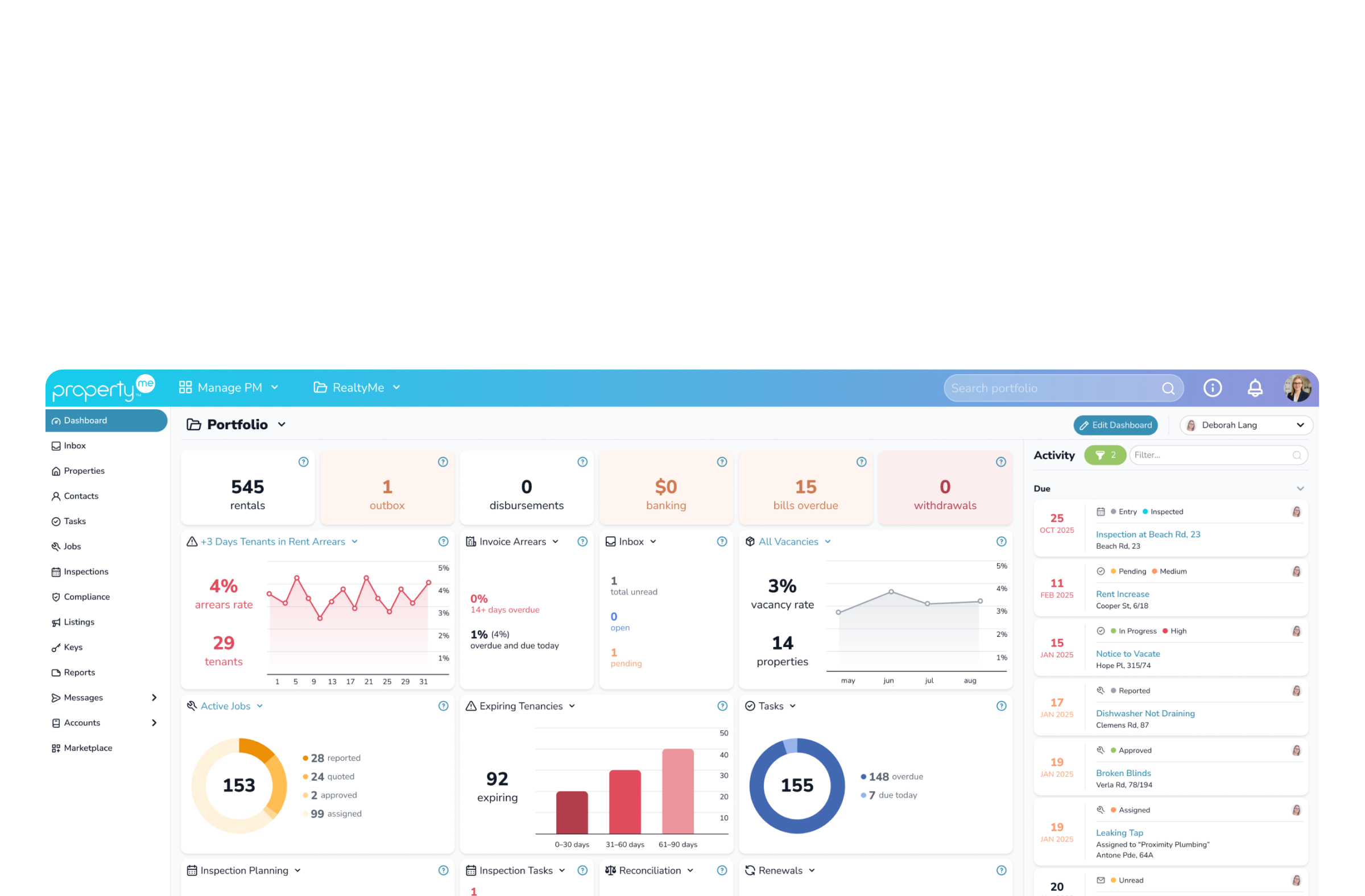 PropertyMe dashboard interface