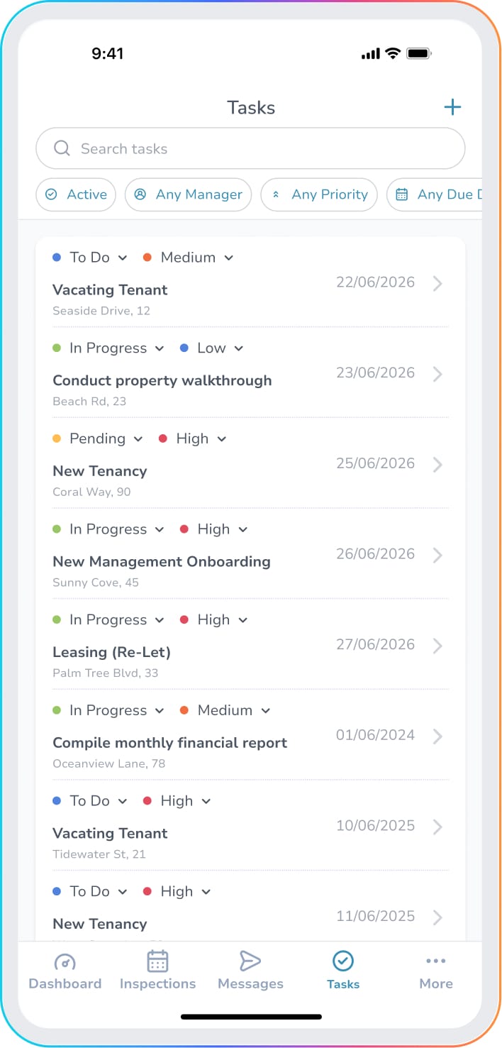 Tasks in the PropertyMe app