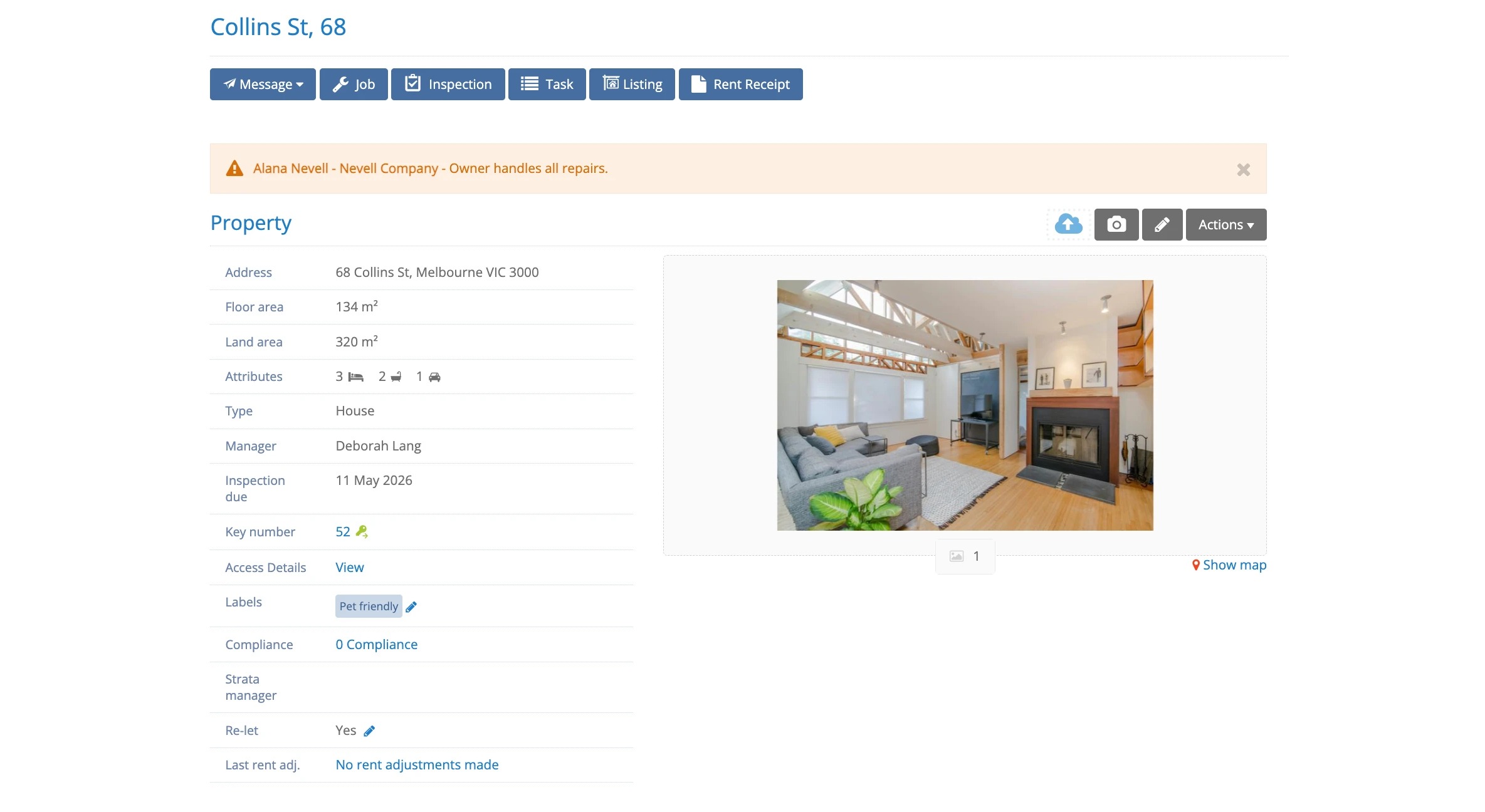 Property page with a highlighted alert banner at the top
