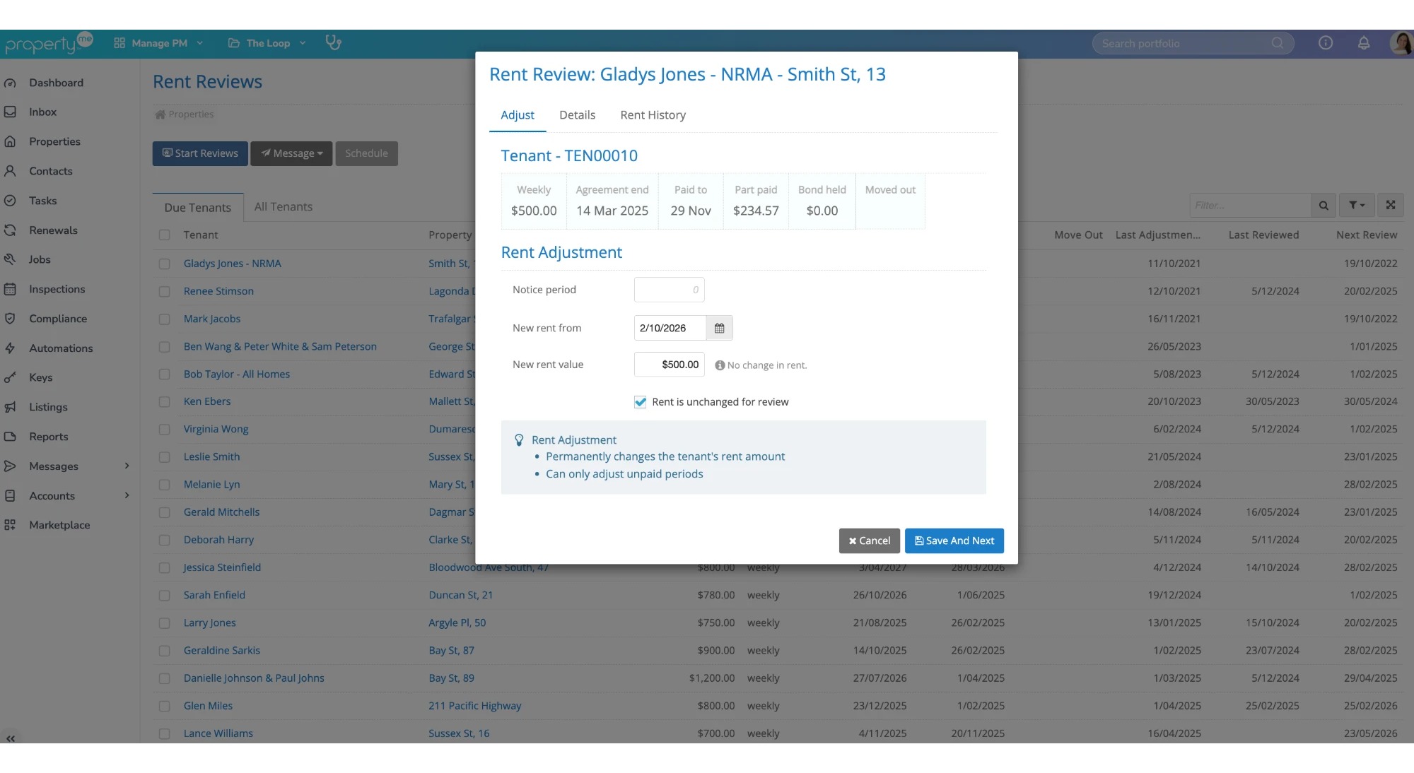 Rent review dialog showing the rent adjustment fields