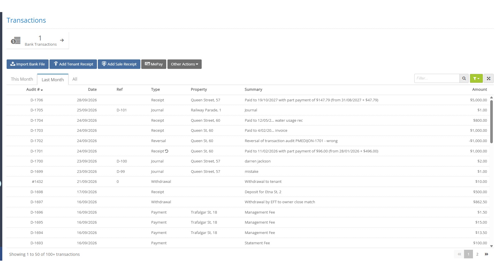 Transactions list with receipts, journals and payments