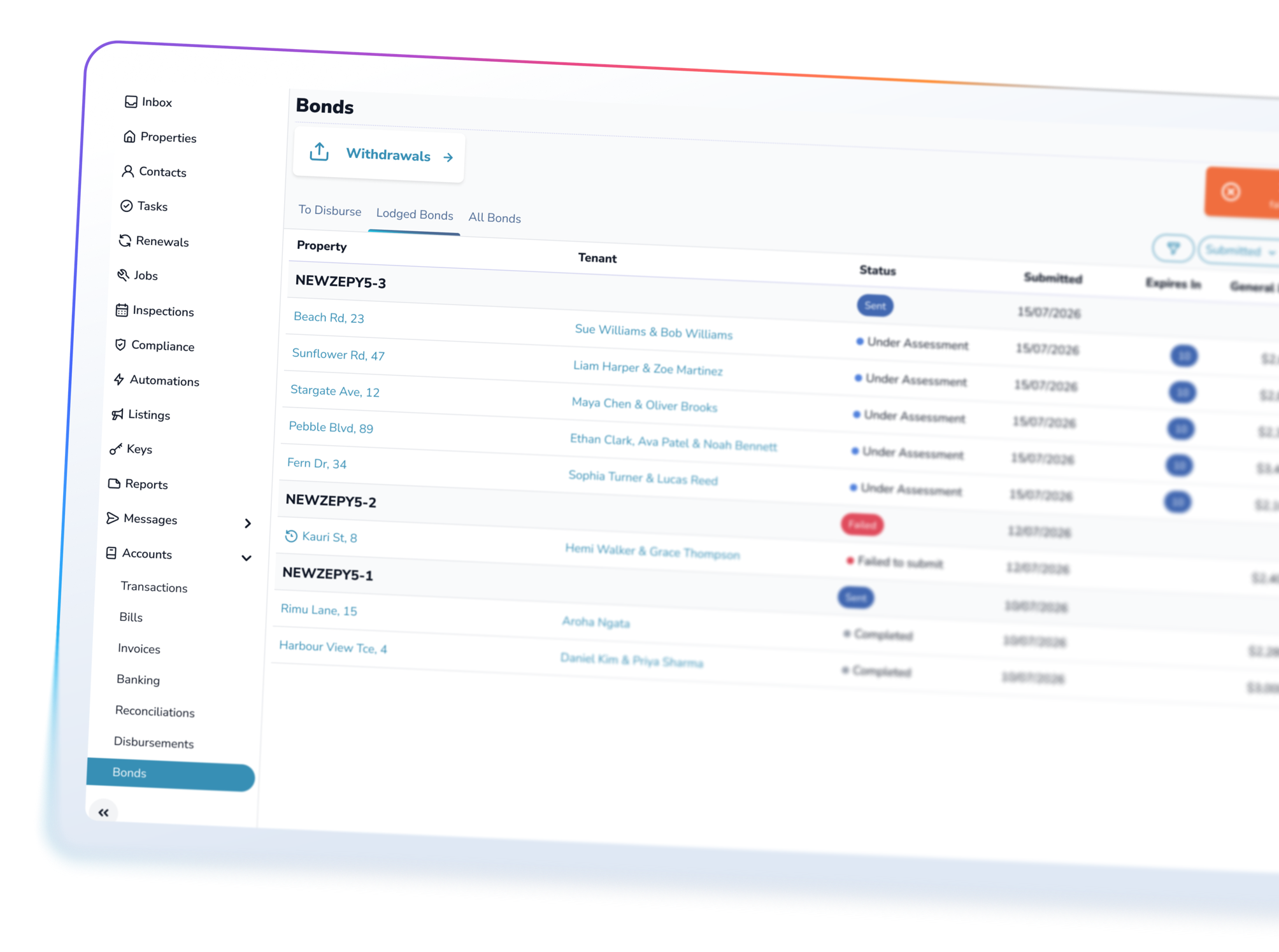 Lodged Bonds tab in PropertyMe showing lodgement batches and status
